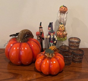 lot 226 image: Festive Halloween Decor including Ceramic Pumpkins, Candle Holders and Figurines