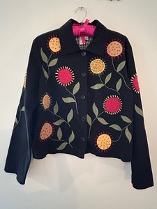 lot 174 image: Coldwater Creek Black Button-Up Jacket with Stitched Floral Accents