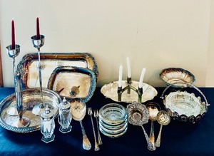 lot 99 image: Collection of Silverplated Serving Pieces, Flatware, and Candle Holders