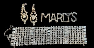 lot 12 image: Rhinestone Bracelet, Marlys Pin, and Drop Earrings Set