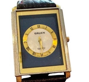 lot 13 image: Gruen Quartz Rectangular Wristwatch with Genuine Leather Band