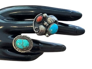 lot 18J image: Set of 2 Vintage Sterling Silver Rings with Turquoise and Coral, Size 7