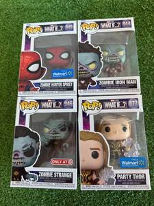 lot 29 image: Funko Pop What If ... Zombie Hunter Spidey, Zombie Iron Man, Zombie Strange & Party Thor