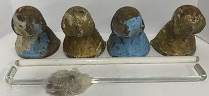 lot 33 image: Antique Lot of 4 Cast Iron Claw Feet for Tubs and Antique Towels Bars Glass and Porcelain