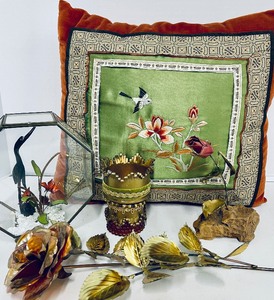 lot 36 image: Vintage Hexagonal Glass and Brass Terrarium Copper Metal Roses Asian Aesthetic Pillow Decor