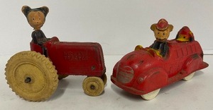 lot 46 image: Vintage Sun Rubber Co. Mickey Mouse Fire Truck and Tractor