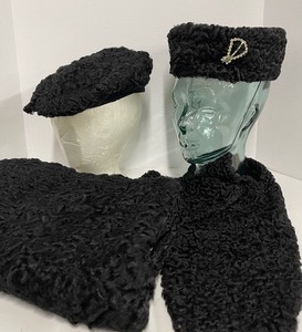 lot 52 image: Antique Curly Lamb Persian Lamb Muff and Scarf with Matching Hats Cossack Style and Beret