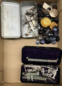 lot 75 image: Vintage Sewing Machine Attachments and Old Button Lot