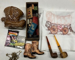 lot 76 image: Vintage Embroidered Stagecoach Pillowcase and Cowboy Boot Planter and S&P shakers