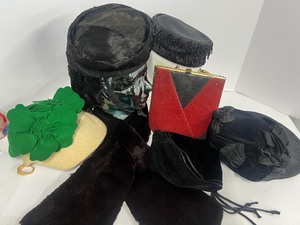 lot 59 image: Vintage Wood Fascinator, Beaded Hat, Velvet and Ribbon Fascinator, Fur Lot