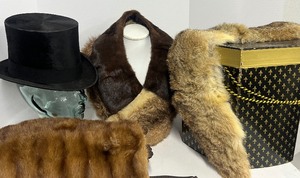 lot 60 image: Antique Beaver Fur Top Hat Pemberton London with Box, Fur Mink Muff