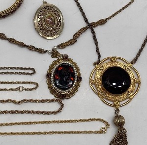 lot 98 image: Vintage Cameo Necklace West Germany with Faux Pearls & RhinestonesOvalGold Celluloid