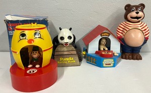 lot 129 image: Lot of 4 Vintage Toy Banks Piggy Banks Pot Belly Bear, Monkey Barrel, Panda and Puppy