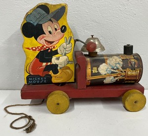 lot 153 image: Vintage Fisher Price Mickey Mouse Choo Choo Pull Toy 1940-50s