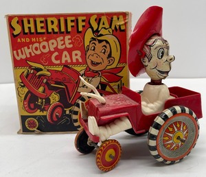 lot 158 image: Marx Sheriff Sam and His Whoopee Car Wind Up Tin Litho Toy Complete with  original box.