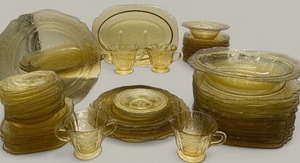 lot 157 image: HUGE Lot of Amber Depression Glass Dishes Dinnerware Federal Glass Co. Madrid Pattern