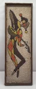 lot 161 image: MCM Mid Century Gravel Sand Art Jester Musician Oranges and Yellows