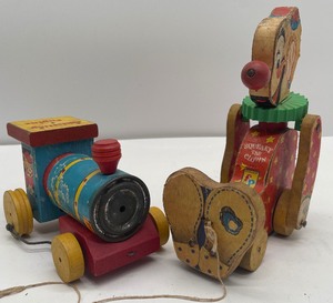 lot 164 image: 1958 Squeaky the Clown Wooden Fisher Price PUll Toy and Fisher Price Wood Whistling Engine