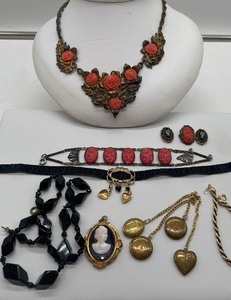 lot 112 image: Antique Cameo Art Decor Brooch and Necklace Coral Celluloid Brass Bib Necklace 1934 Century of Progress Cuff Bracelet