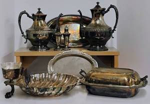 lot 100 image: Large Silver Plate Lot and Weighted Sterling Shakers