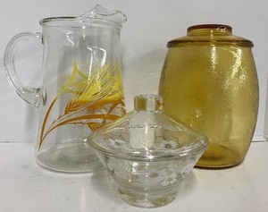 lot 185 image: Bartlett Collins Amber Glass Mushroom Cookie Jar and Wheat Pitcher