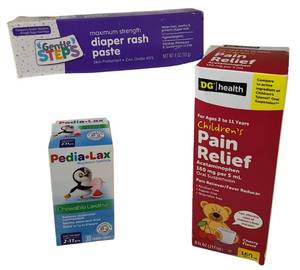 lot 5 image: Childrens Pain Relief Acetaminophen,PediaLax  Chewable Laxative, Gentle Steps Max Strength Diaper Rash