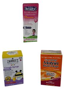 lot 6 image: Zarbees Baby Cough Syrup, Childrens Benadryl and Concentrated Motrin Infant Drops