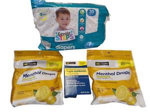 lot 33 image: Gentle Steps  Premium Diapers,  (2) DG Health Menthol Drops Severe, DG Triple Antibiotic