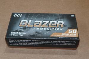 lot 246 image: 50 CCI Blazer Brass 9mm Luger 115 Gr FMJ Ammo