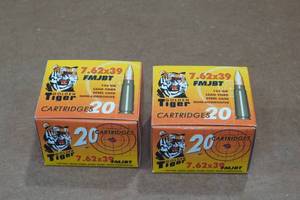 lot 295 image: 40 Golden Tiger 7.62 x 39mm 124 Gr FMJ BT Steel Case Ammo