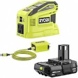 lot 15 image: RYOBI 18V ONE 150-Watt Portable Battery Inverter Power Source and Charger for 18V ONE Batteries with 2.0Ah Battery   Customer Returns See Pictures