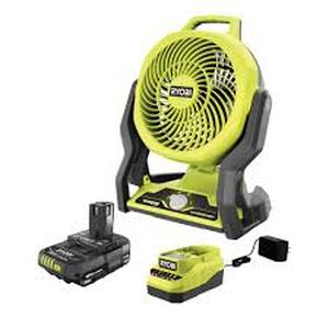 lot 54 image: RYOBI ONE 18V Cordless Hybrid WHISPER SERIES 7-12 in. Fan Kit with 2.0 Ah Battery and Charger   Customer Returns See Pictures