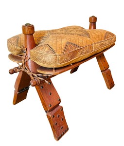 lot 47 image: Decorative Vintage Wooden and Leather Saddle Seat Bench