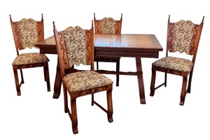 lot 7 image: Antique Dining Table with 4 Upholstered Chairs and 12 Inch Leaf