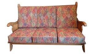 lot 7B image: Vintage Wood Settee  Sofawith Hand-Carved Panels and Patterned Cushions
