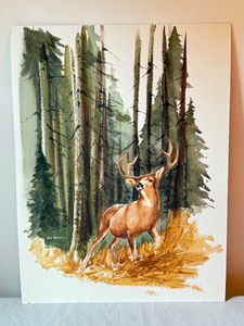 lot 45A image: Original Geri Arnold Watercolor of Deer in Forest, Unframed Art on Board