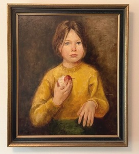 lot 59 image: Framed Geraldine Arnold Portrait Oil Painting of Child with Apple