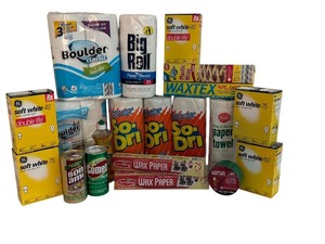 lot 73 image: Large Household Supply Lot with Paper Towels, Wax Paper, Light Bulbs and Cleaning Products