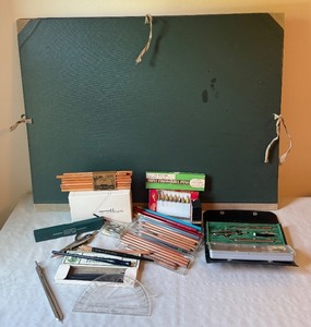 lot 130 image: Mixed Art Supplies Collection with Drawing Instruments and Portfolio Folder