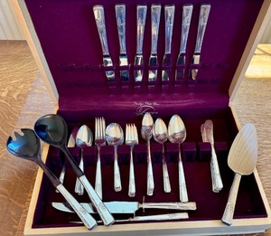 lot 78 image: Prestige Plate Flatware Set with Chest, 6 Dinner Forks, 7 Teaspoons, 8 Salad Forks & Knives, Serving Utensils