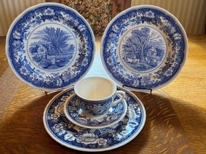 lot 87 image: Spode Williamsburg Country Scenes Plates with Masons Crabtree & Evelyn Blue Ironstone Teacup and Saucer Set