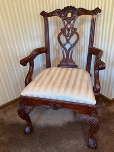 lot 89 image: Carved Mahogany Armchair with Striped Upholstered Seat