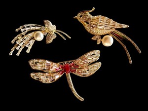 lot 14J image: Set of 3 Rhinestone Brooches - Dragonfly, Bird, and Micro Set Zircon with Faux Pearls