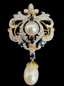 lot 1A image: 14K Gold Brooch with Diamond, Sapphire and Pearl Accents