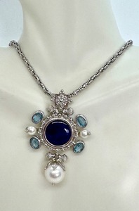 lot 19R image: Italian Sterling Silver Pendant Necklace with Blue Center Stone, Pearls and Gem Accents, 18 Inch Chain