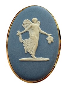 lot 23R image: Wedgwood Blue Jasperware Cameo Brooch with Gold Tone Frame