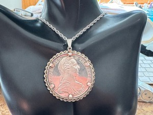 lot 37R image: Sterling Silver 20 Chain with Large Maria Theresa Coin Pendant