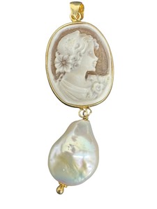 lot 118J image: Sterling Silver Cameo Pendant with Baroque Pearl Drop, 2.25 Inches