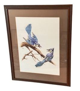 lot 188 image: Original Geri Arnold Blue Jays Painting in Wood Frame