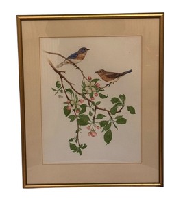 lot 190 image: Framed Original Watercolor Painting of Bluebirds by Geri Arnold